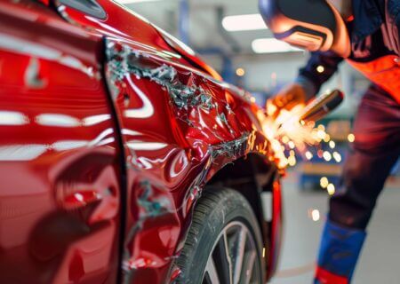 A person working on the side of a red car.